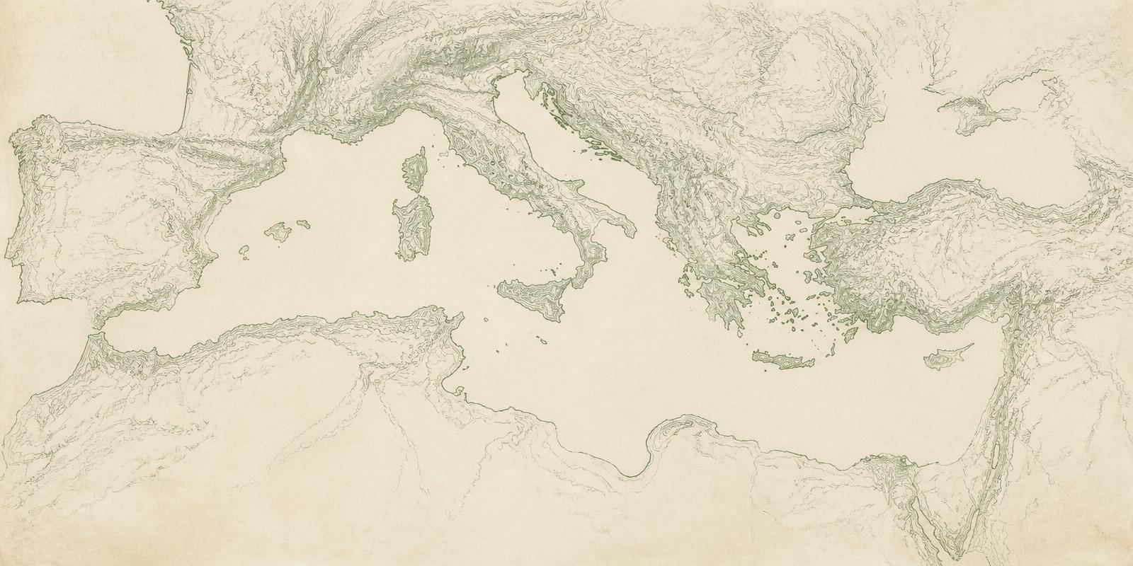 Contour survey map of the Mediterranean basin